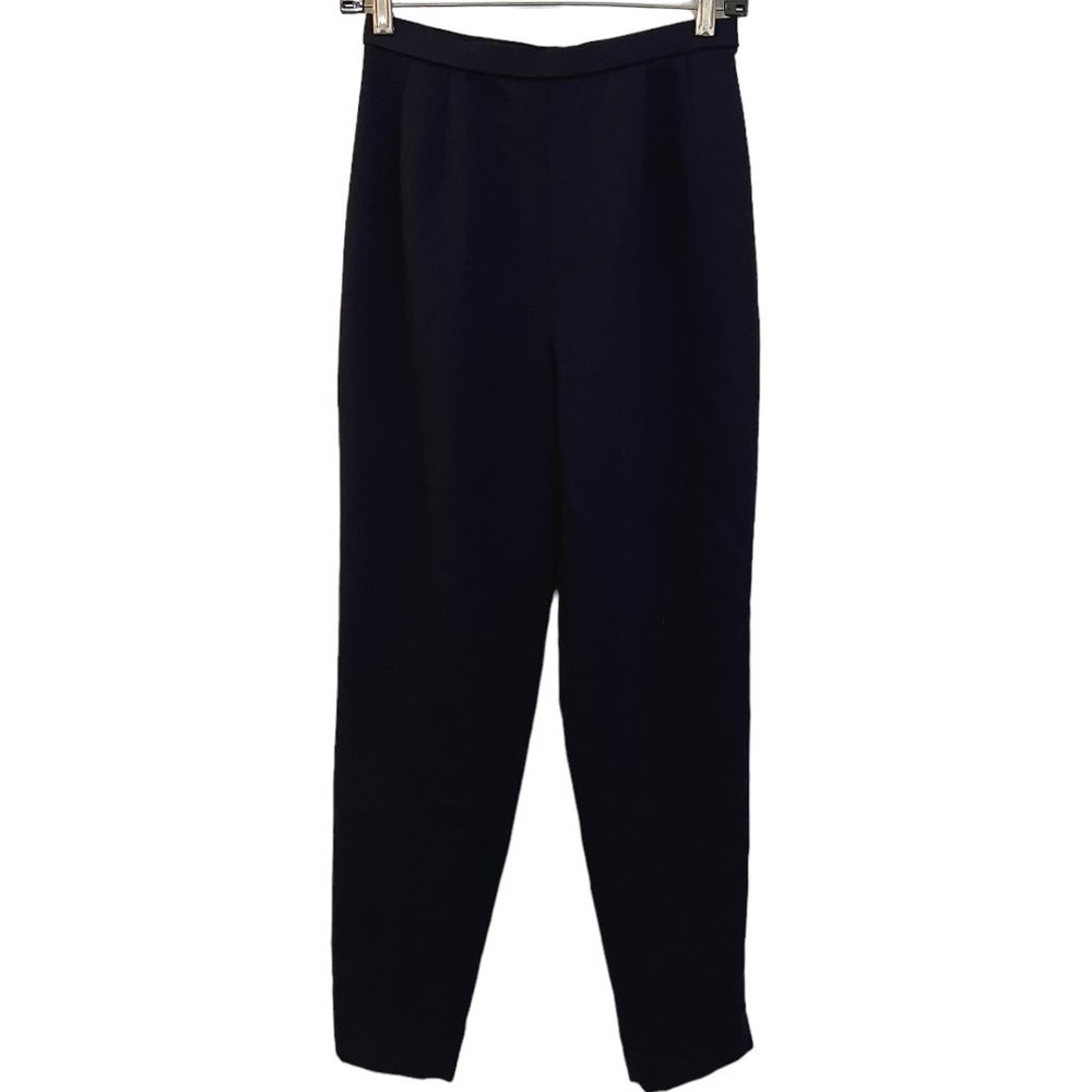 Vintage 90s Petite Navy 100% Wool High Rise Trouser Pant Blue Tapered Japanese 4